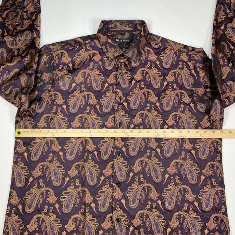 Barry Wang Mens XL Purple Gold Paisley Silk Jacquard Long Sleeve Button Up Shirt